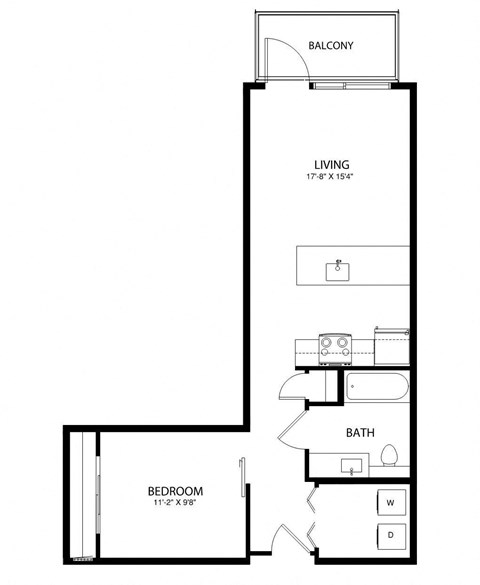 A black and white image of a floor plan for a one bedroom apartment.